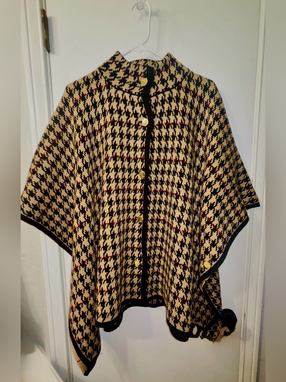 Evan Picone - Black Label - Classic Houndstooth Poncho Coat - Black & Beige